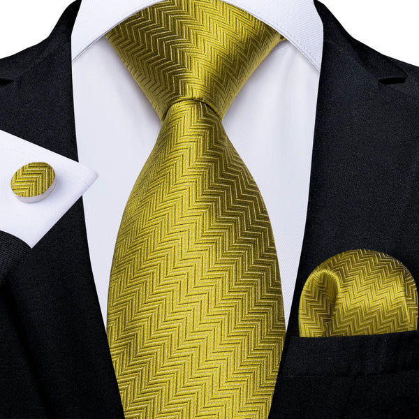 Yellow Apple Green Wave Striped Silk Men's Necktie Hanky Cufflinks Set