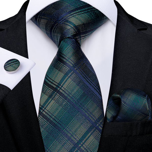 Black Green Plaid Silk Men's Necktie Pocket Square Cufflinks Set