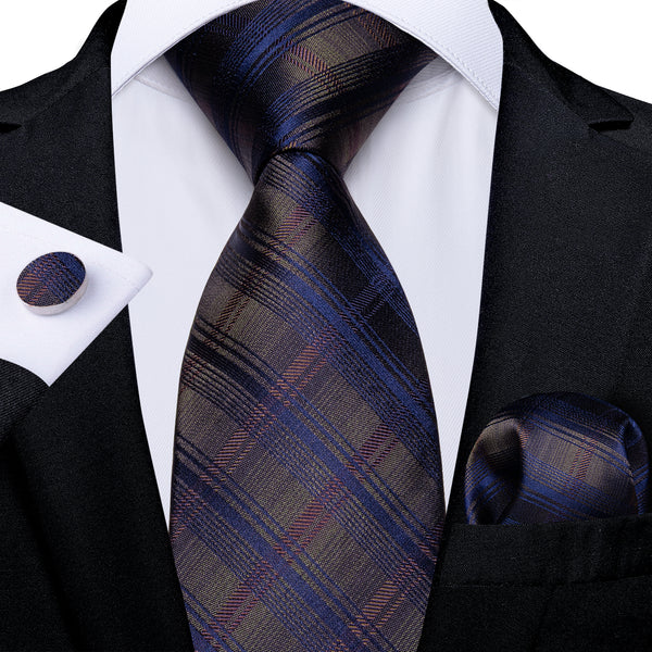 Classic Brown Blue Plaid Men's Necktie Hanky Cufflinks Set