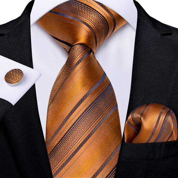 Golden Blue Striped Silk Men's Necktie Pocket Square Cufflinks Set
