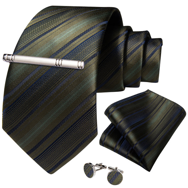 Ties2you Striped Tie Sage Green Tie Pocket Square Cufflinks Set With Tie Clip
