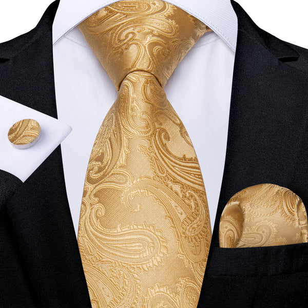 Light Golden Paisley Silk Men's Necktie Pocket Square Cufflinks Set