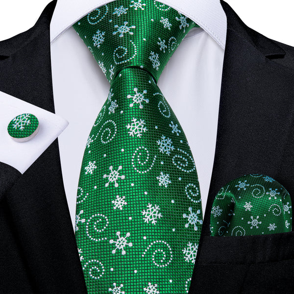Christmas Green Snow Novelty Silk Men's Necktie Pocket Square Cufflinks Set