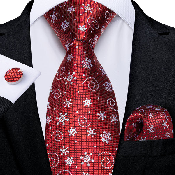 Christmas Red Snow Novelty Silk Men's Necktie Pocket Square Cufflinks Set