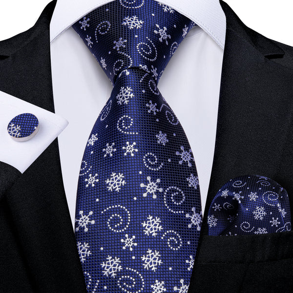Christmas Blue Snow Novelty Silk Men's Necktie Pocket Square Cufflinks Set