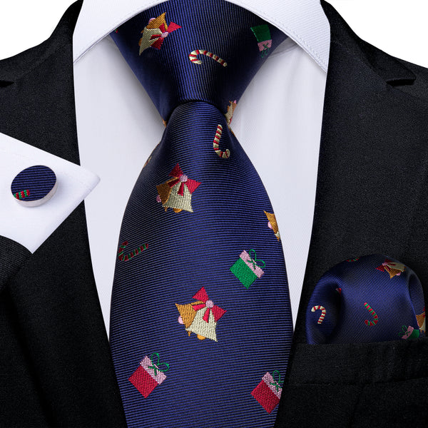 Christmas Dark Blue Xmas Gift Novelty Silk Men's Necktie Pocket Square Cufflinks Set