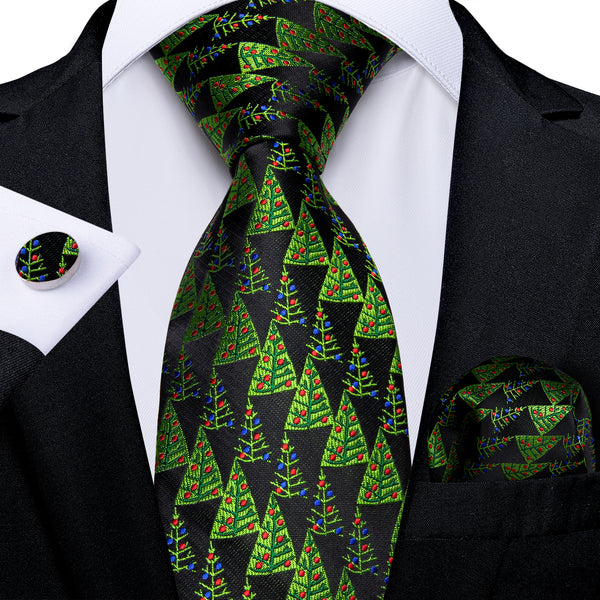 Christmas Dark Green Xmas Tree Novelty Silk Men's Necktie Pocket Square Cufflinks Set