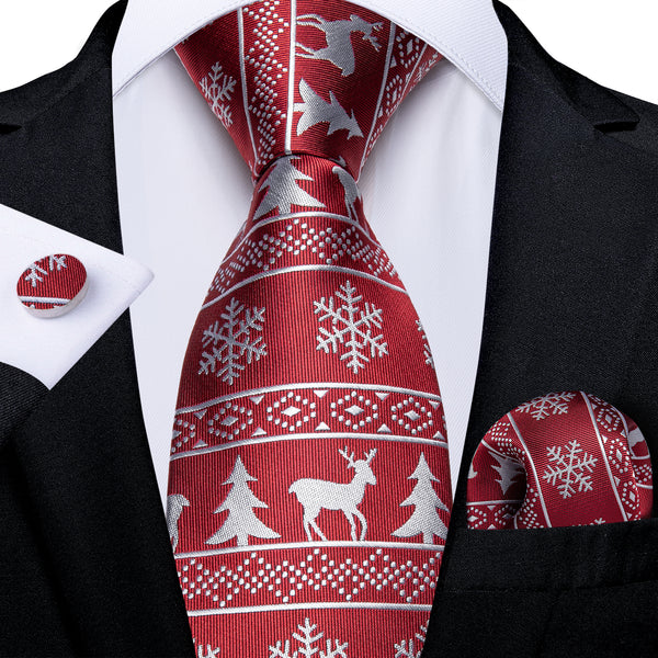 Christmas Red Deer Snowflake Pattern Novelty Men's Necktie Hanky Cufflinks Set