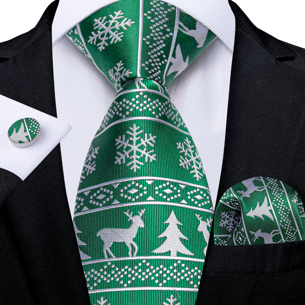 Christmas Green White Deer Snowflake Novelty Men's Necktie Hanky Cufflinks Set