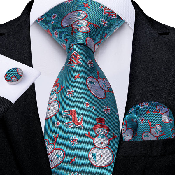 Christmas Lake Blue Snowman Novelty Silk Men's Necktie Pocket Square Cufflinks Set
