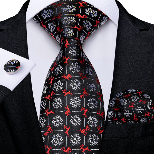 Christmas Black Snowflake Novelty Silk Men's Necktie Pocket Square Cufflinks Set