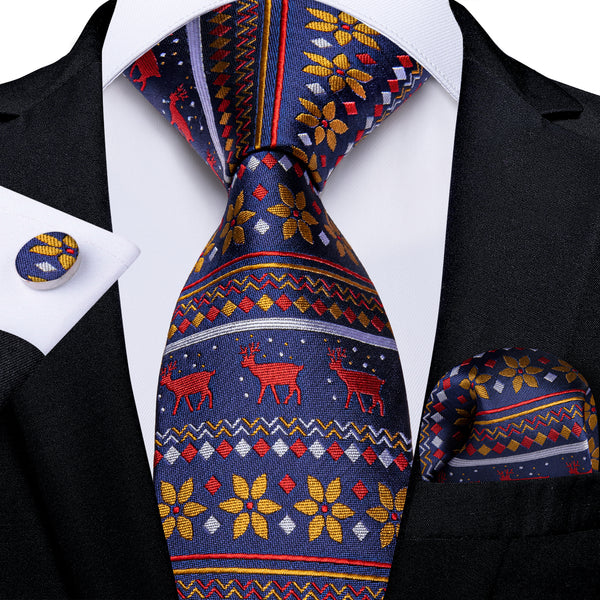 Christmas Royal Blue Xmas Style Novelty Silk Men's Necktie Pocket Square Cufflinks Set