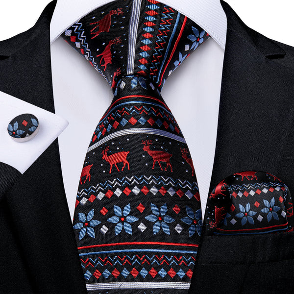 Christmas Black Xmas Style Novelty Silk Men's Necktie Pocket Square Cufflinks Set