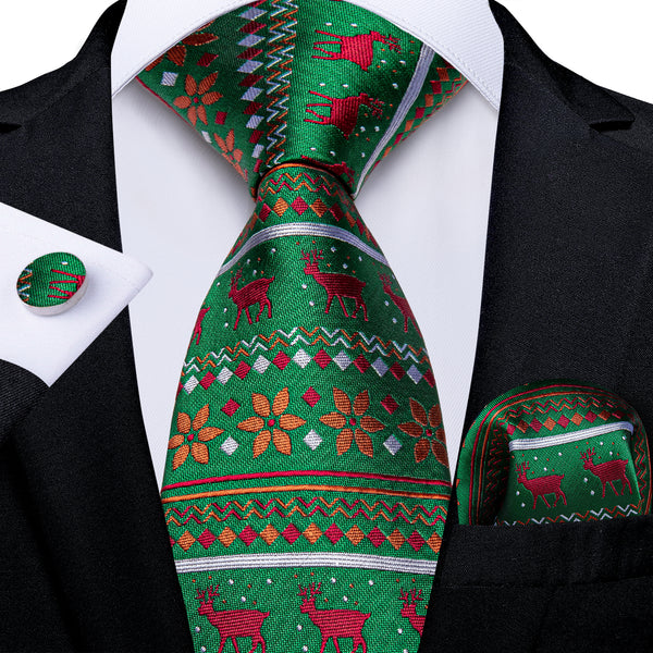 Christmas Green Xmas Style Novelty Silk Men's Necktie Pocket Square Cufflinks Set