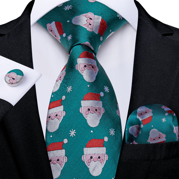 Christmas Lake Blue Xmas Santa Novelty Silk Men's Necktie Pocket Square Cufflinks Set