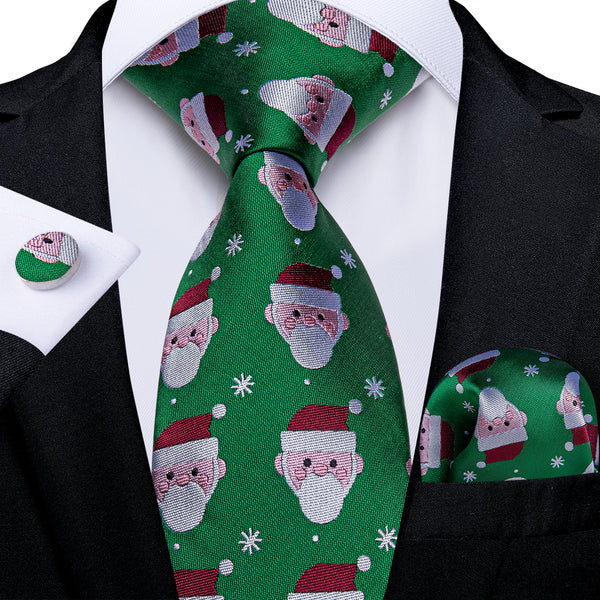 Christmas Green Xmas Santa Novelty Silk Men's Necktie Pocket Square Cufflinks Set