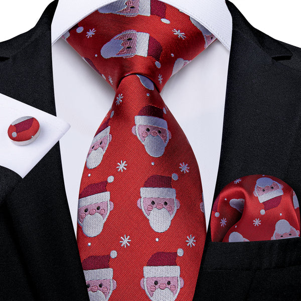 Christmas Red Xmas Santa Novelty Silk Men's Necktie Pocket Square Cufflinks Set
