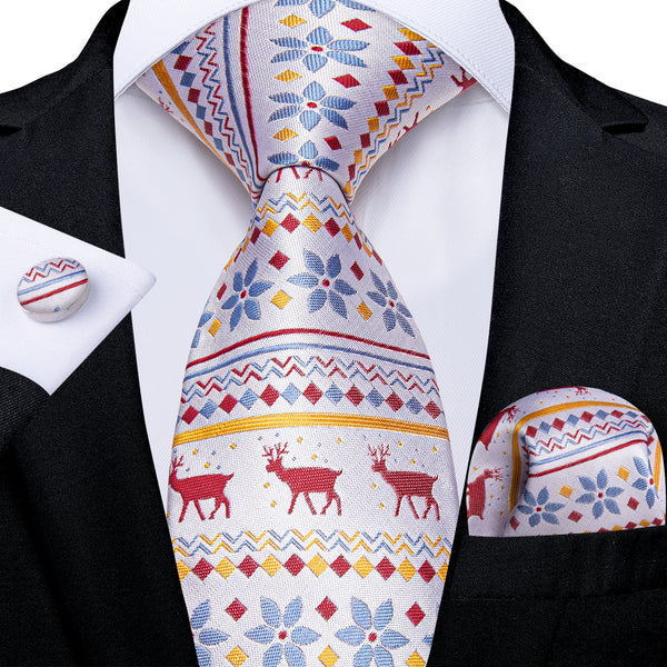 Christmas White Xmas Style Novelty Silk Men's Necktie Pocket Square Cufflinks Set