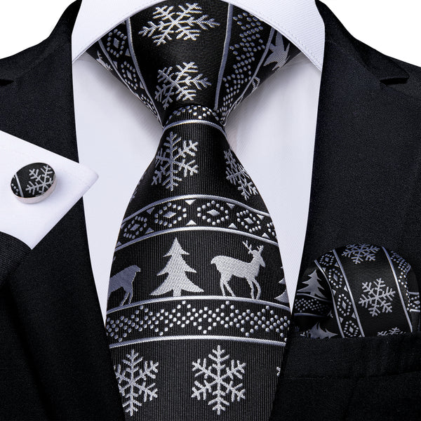 Christmas Black Xmas Style Novelty Silk Men's Necktie Pocket Square Cufflinks Set
