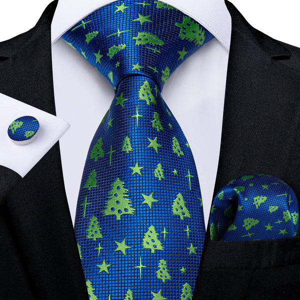 Christmas Royal Blue Green Xmas Tree Novelty Silk Men's Necktie Pocket Square Cufflinks Set