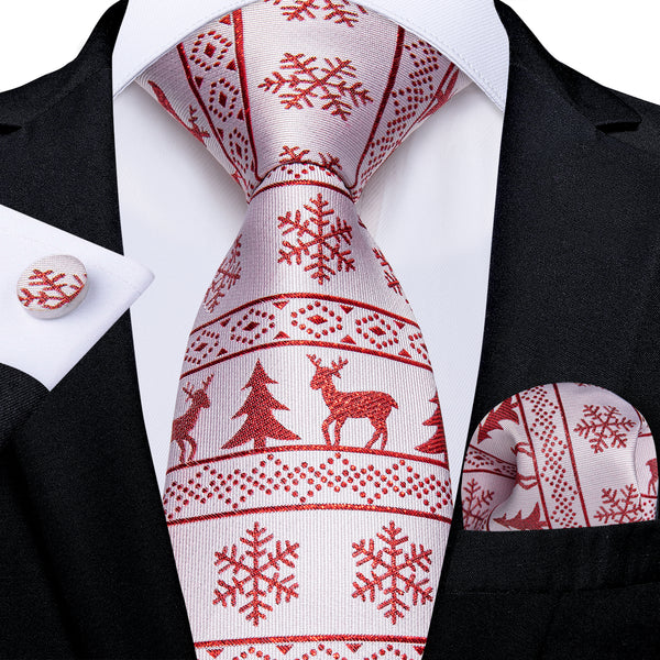Christmas White Red Xmas Style Novelty Silk Men's Necktie Pocket Square Cufflinks Set