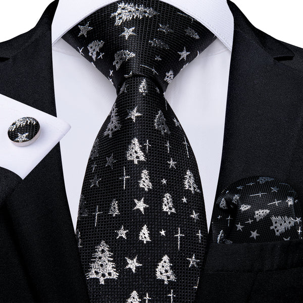 Christmas Black Silver Xmas Tree Novelty Silk Men's Necktie Pocket Square Cufflinks Set