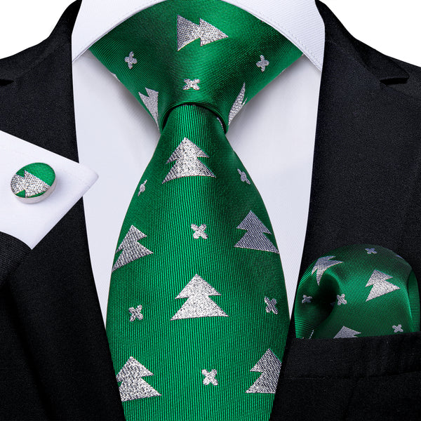 Christmas Green Silver Xmas Tree Novelty Silk Men's Necktie Pocket Square Cufflinks Set