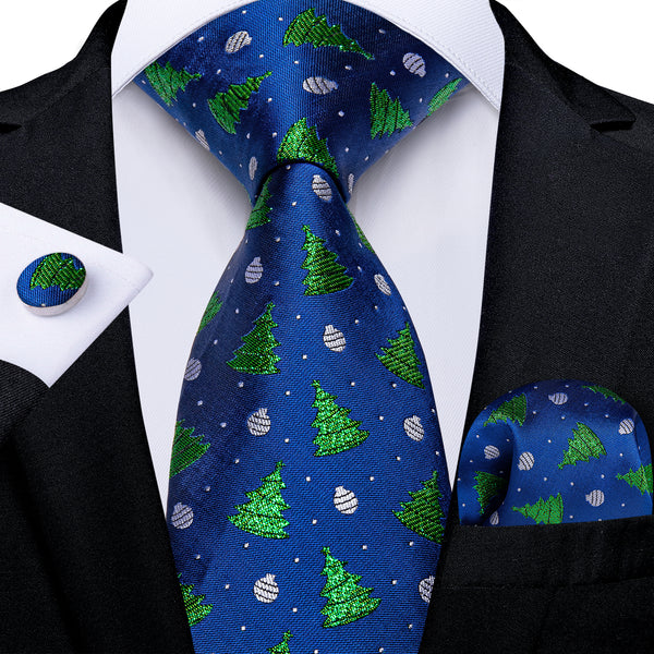 Christmas Royal Blue Xmas Tree Novelty Silk Men's Necktie Pocket Square Cufflinks Set