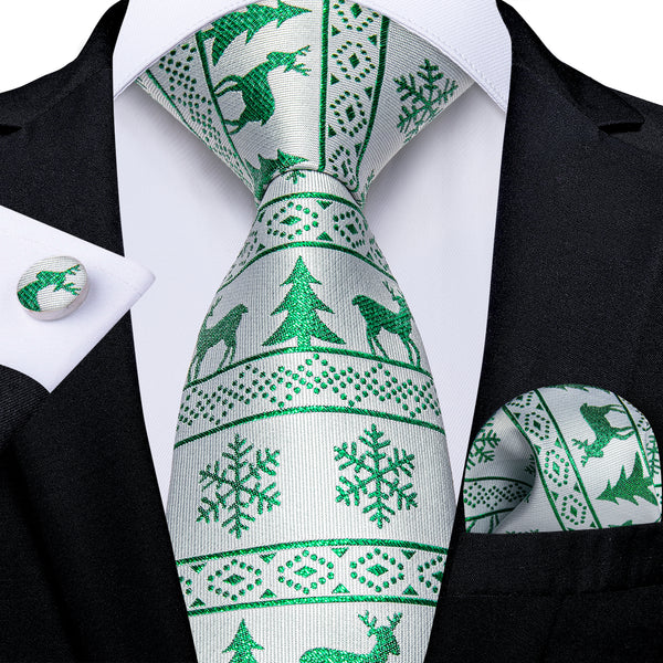 Christmas White Green Xmas Style Novelty Silk Men's Necktie Pocket Square Cufflinks Set
