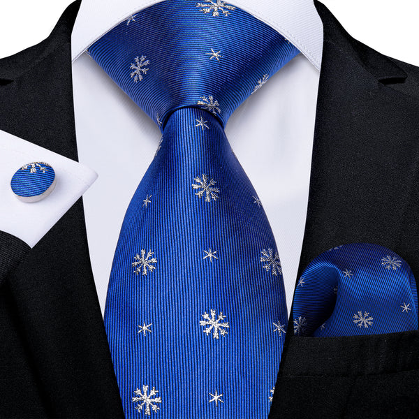 Christmas Royal Blue Snow Novelty Silk Men's Necktie Pocket Square Cufflinks Set