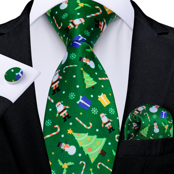Christmas Green Xmas Gift Novelty Silk Men's Necktie Pocket Square Cufflinks Set