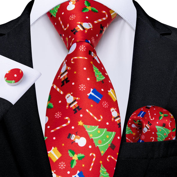 Christmas Red Xmas Gift Novelty Silk Men's Necktie Pocket Square Cufflinks Set
