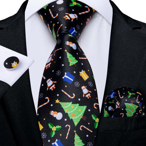Christmas Black Xmas Gift Novelty Silk Men's Necktie Pocket Square Cufflinks Set