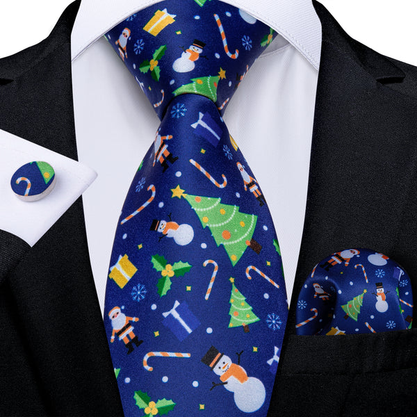 Christmas Blue Xmas Gift Novelty Silk Men's Necktie Pocket Square Cufflinks Set