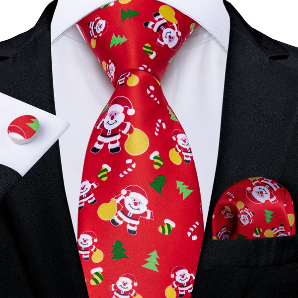 Christmas Red Santa Claus Novelty Silk Men's Necktie Pocket Square Cufflinks Set