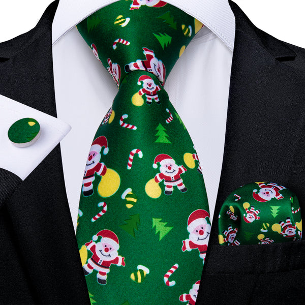 Christmas Green Santa Claus Novelty Silk Men's Necktie Pocket Square Cufflinks Set