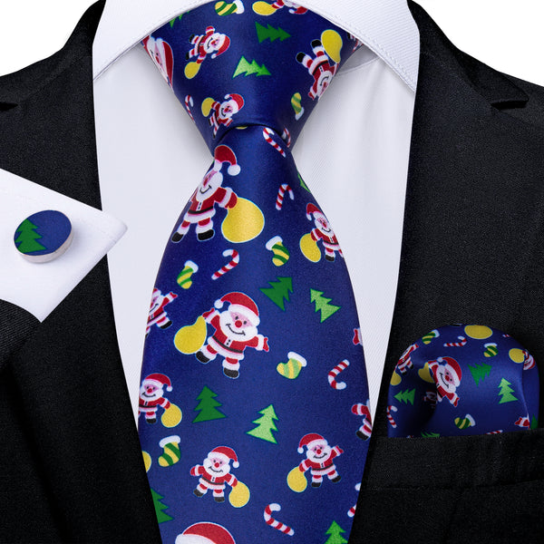 Christmas Blue Santa Claus Novelty Silk Men's Necktie Pocket Square Cufflinks Set