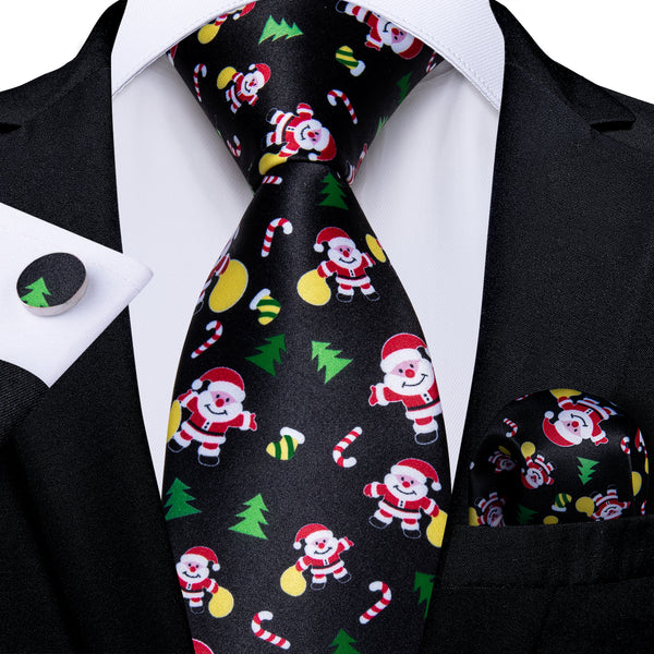 Christmas Black Santa Claus Novelty Silk Men's Necktie Pocket Square Cufflinks Set