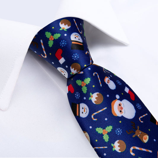 Christmas Blue Santa Claus Xmas Gift Novelty Silk Men's Necktie Pocket Square Cufflinks Set