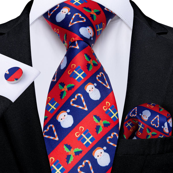 Christmas Red Blue Santa Claus Xmas Style Striped Silk Men's Necktie Pocket Square Cufflinks Set