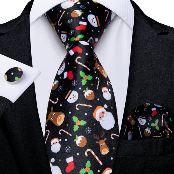 Christmas Black Santa Claus Xmas Gift Novelty Silk Men's Necktie Pocket Square Cufflinks Set