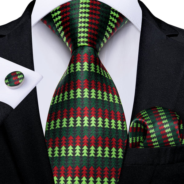 Christmas Gradient Green Red Xmas Tree Novelty Silk Men's Necktie Pocket Square Cufflinks Set
