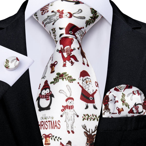 Christmas White Cartoon Xmas Style Novelty Silk Men's Necktie Pocket Square Cufflinks Set