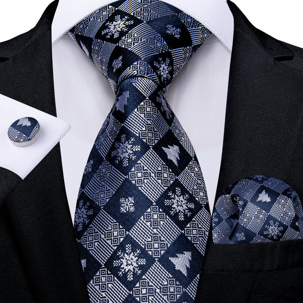 Christmas Blue Grey Snowflake Novelty Men's Necktie Hanky Cufflinks Set
