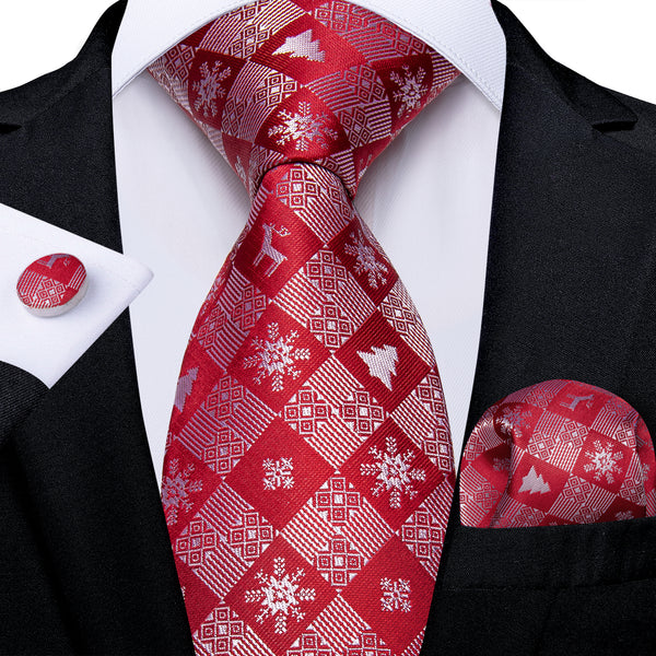 Christmas Red Snowflake Novelty Men's Necktie Hanky Cufflinks Set