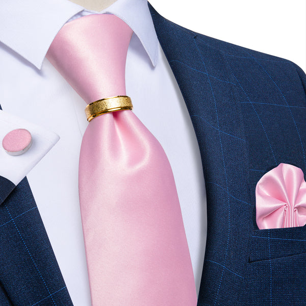Light Pink Solid Tie Ring Pocket Square Cufflinks Set