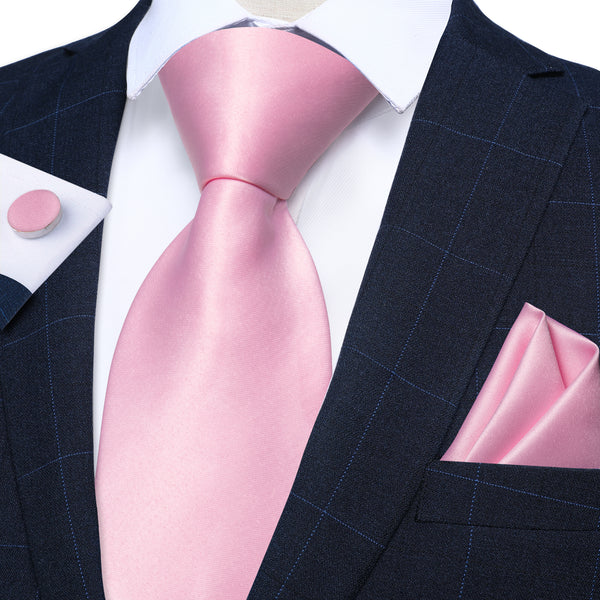 Pink Solid Men's Necktie Hanky Cufflinks Set