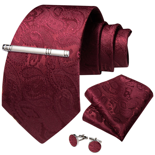 Classic Burgundy Red Paisley Silk Tie Pocket Square Cufflinks Set with Tie Clip