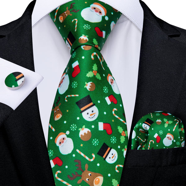Christmas Green Cartoon Xmas Style Novelty Silk Men's Necktie Pocket Square Cufflinks Set