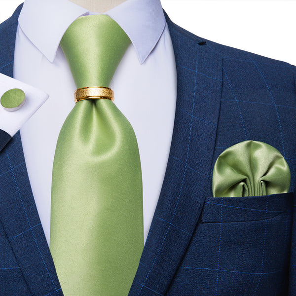Spring Green Solid Tie Ring Pocket Square Cufflinks Set